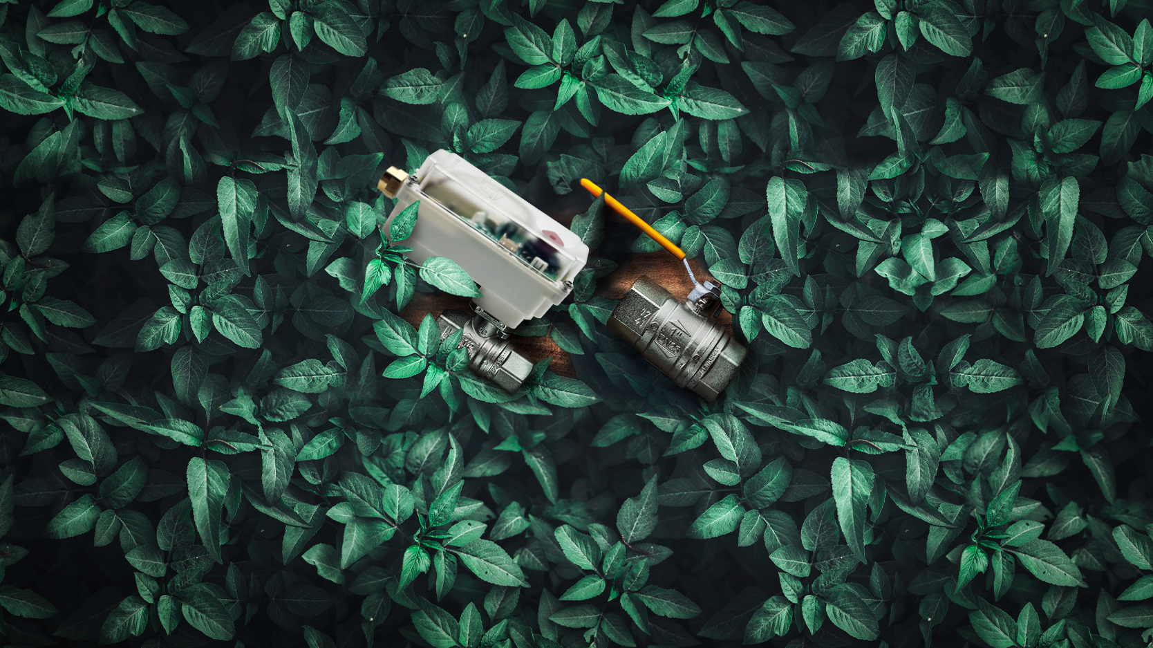 RuB electric actuator CP8 and RuB ball valve in a green leaves background
